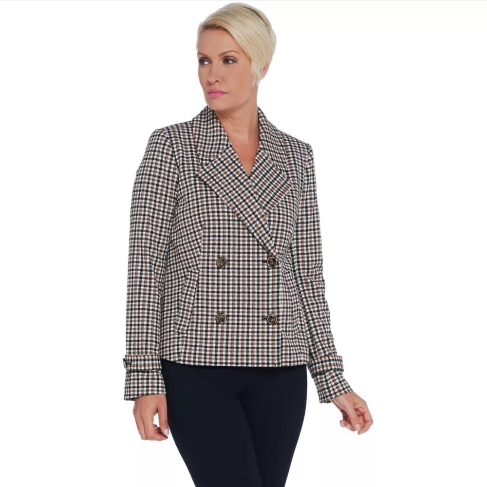 Dennis Basso Printed Luxe Crepe Double Breasted Jacket - Taupe/Black Size 4
